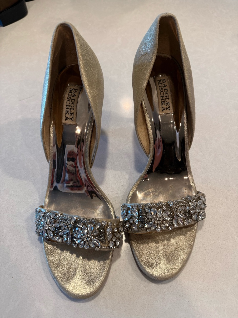 Badgley Mischka Silver-Gold Crystal Strap Evening Heels